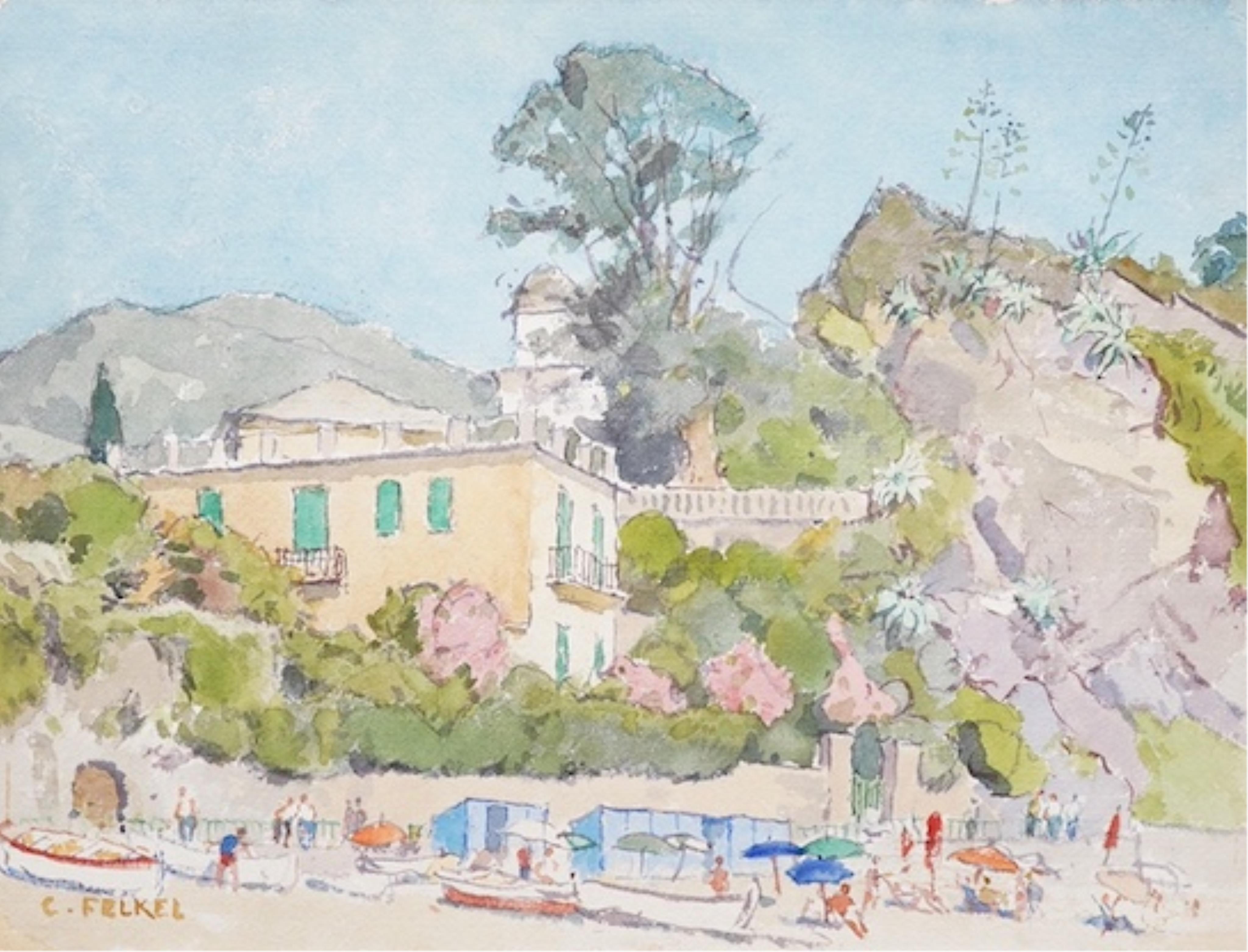 Carl Felkel (Austrian 1896-1980), watercolour, Continental landscape with villas, signed, 36 x 48cm. Condition - fair to good